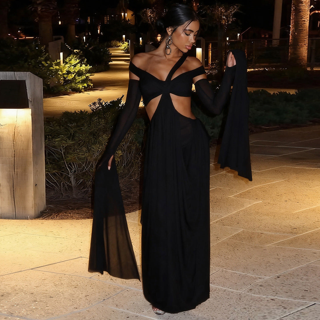 Autumn Winter Women Hanging Collar Solid Color Stitching Oversleeve Sexy Cutout Sexy Dress by Ragazza