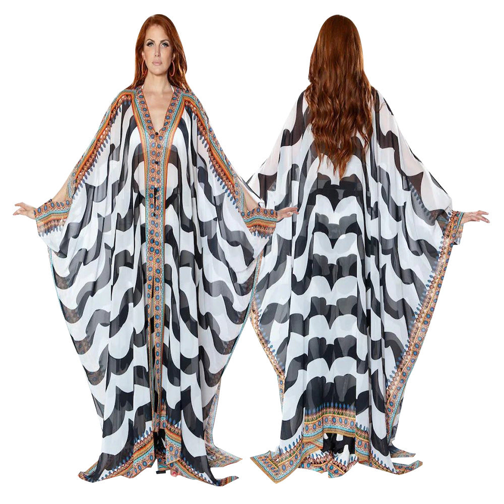 Popular Women Clothing Autumn V neck Casual Printed Jacket See through Chiffon Shirt by Ragazza