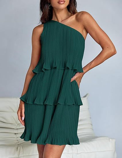 Spring Summer Women Clothing Oblique Shoulder Layered Stitching Hem Solid Color Dress Women by Ragazza