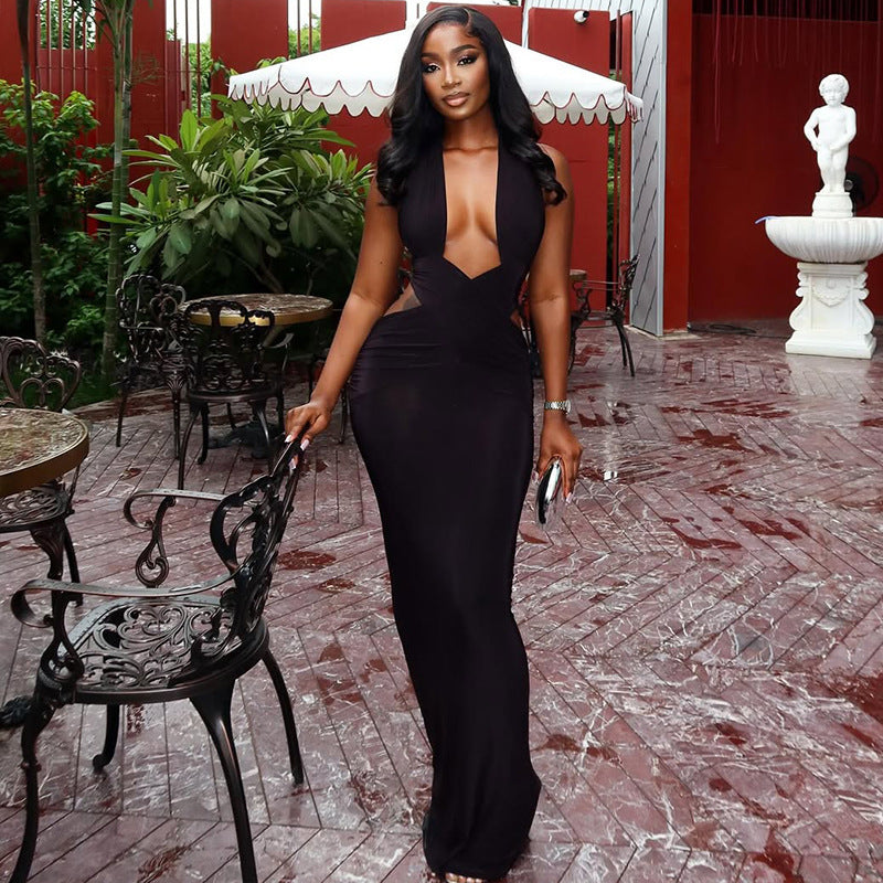 Street Solid Color Women Clothing Ruffle Hip One Step Low Cut Slim Fit Halter Slimming Maxi Dress by Ragazza