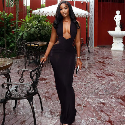 Street Solid Color Women Clothing Ruffle Hip One Step Low Cut Slim Fit Halter Slimming Maxi Dress by Ragazza