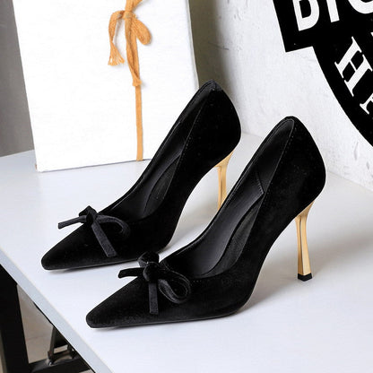 French Metal High Heel Slip on Stilettos Bow Suede Cocktail Goddess Shoes  DestGlow