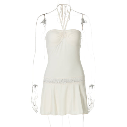 Women Clothing Summer off Neck Tube Top Halter Strap Backless Lace Stitching Dress by Ragazza