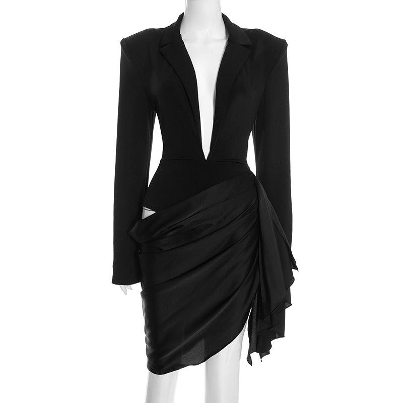 Women Clothing Autumn Winter Solid Color Long Sleeve Deep V Plunge neck Oblique Ribbon Business Blazers Dress by Ragazza