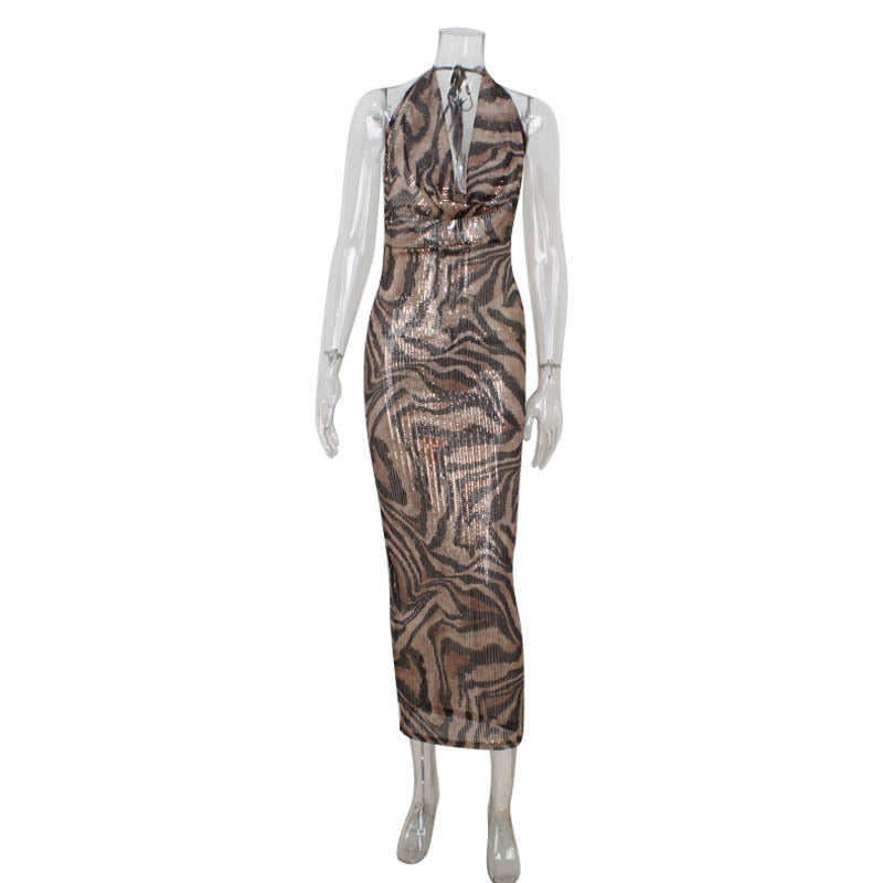 Sleeveless Halter Deep V Plunge Leopard Print Sexy High Waist Figure Flattering Sheath Dress Elegant Evening Dress Women by Ragazza