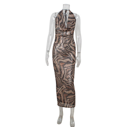 Sleeveless Halter Deep V Plunge Leopard Print Sexy High Waist Figure Flattering Sheath Dress Elegant Evening Dress Women by Ragazza