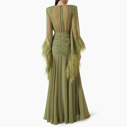 Spring Solid Color Evening Dress Long Sleeve Slim Dress  DestGlow
