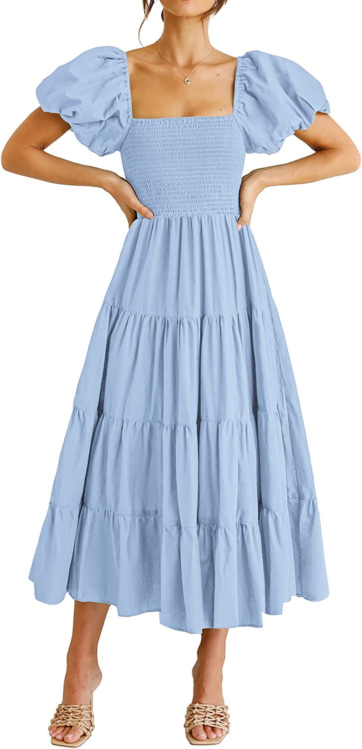 Summer Women Clothing Square Collar Backless Puff Sleeve Pleated Short Sleeves Dress by Ragazza