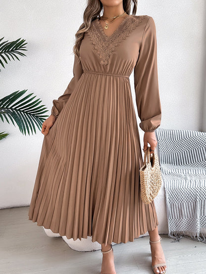 Spring Summer Elegant V neck Lace Cinched Pleated Maxi Dress Women Clothing by Ragazza