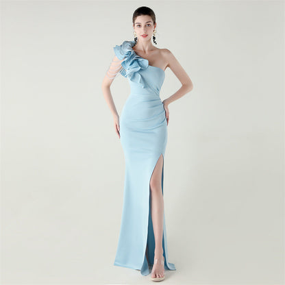 One Shoulder Craft Beading Wave Floral Satin High Slit Sexy Evening Dress Dinner Party Wedding Social by Ragazza