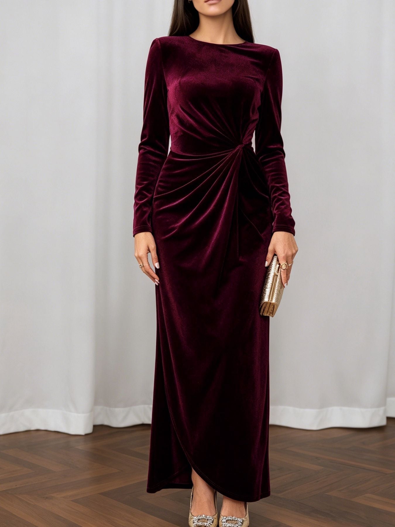 Light Luxury Matte Velvet Maxi Dress Long Sleeve round Neck Twisted Waist Flab Hiding Cocktail Dress  DestGlow