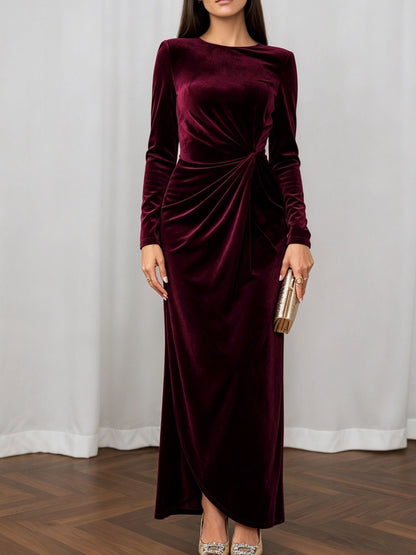 Light Luxury Matte Velvet Maxi Dress Long Sleeve round Neck Twisted Waist Flab Hiding Cocktail Dress  DestGlow
