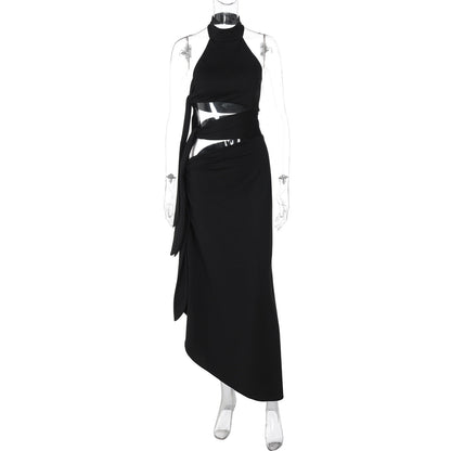 Sexy Hollow Out Cutout Backless Stitching Strap Long Slit Halter Dress Women by Ragazza