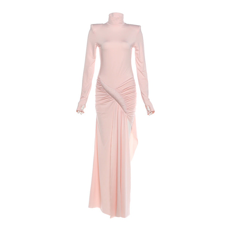 Women Clothing Spring Solid Color Elegant Graceful Turtleneck Waist Tight Split Long Sleeve Dress by Ragazza