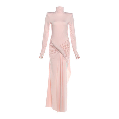 Women Clothing Spring Solid Color Elegant Graceful Turtleneck Waist Tight Split Long Sleeve Dress by Ragazza