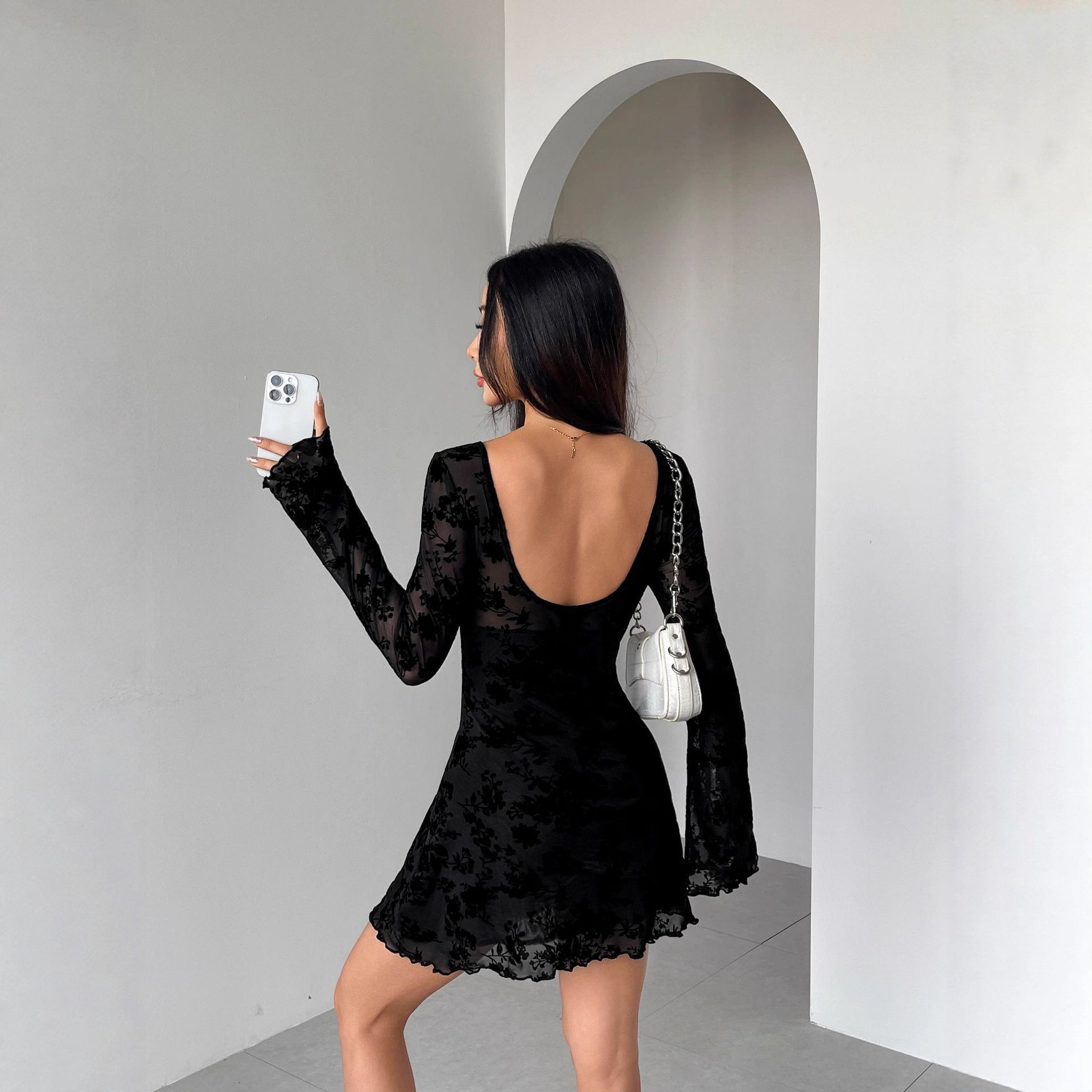 Fall Dress Flocking Long Sleeve Floral Hollow Out Cutout Bow Women Clothing by Ragazza