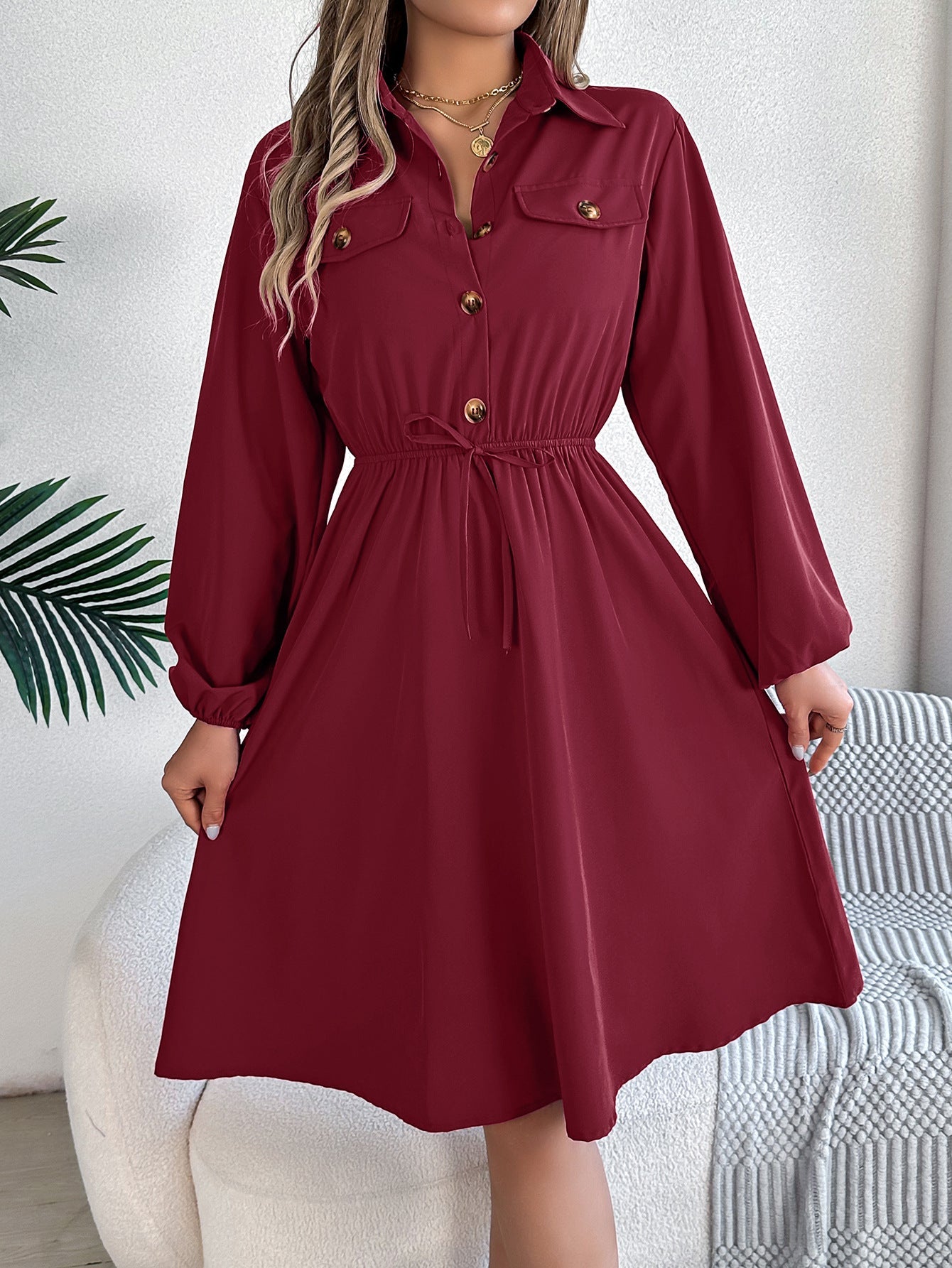 Real Shot Autumn Winter Casual Button Lace up Waist Controlled Long Sleeves Shirt Dress Women Clothing by Ragazza