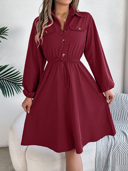 Real Shot Autumn Winter Casual Button Lace up Waist Controlled Long Sleeves Shirt Dress Women Clothing by Ragazza