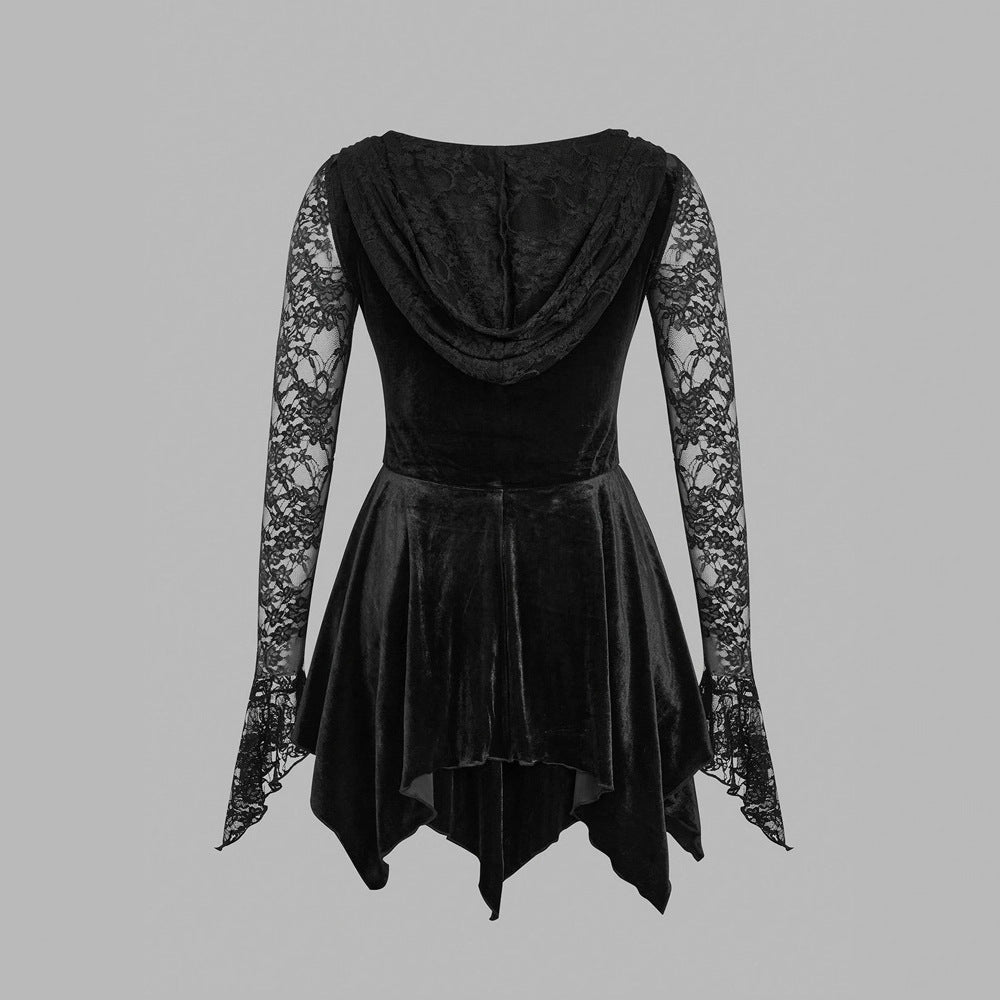 Gothic Vintage Lace Stitching Women Dress Gothic Bandage Ladies Long Sleeve Velvet Dress by Ragazza