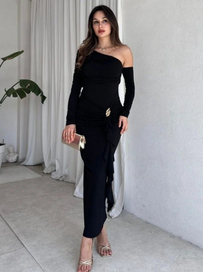 Autumn Elegant Women Single Shoulder Solid Color Long Sleeve Slim Fit Sexy Sheath Pleated Dress by Ragazza