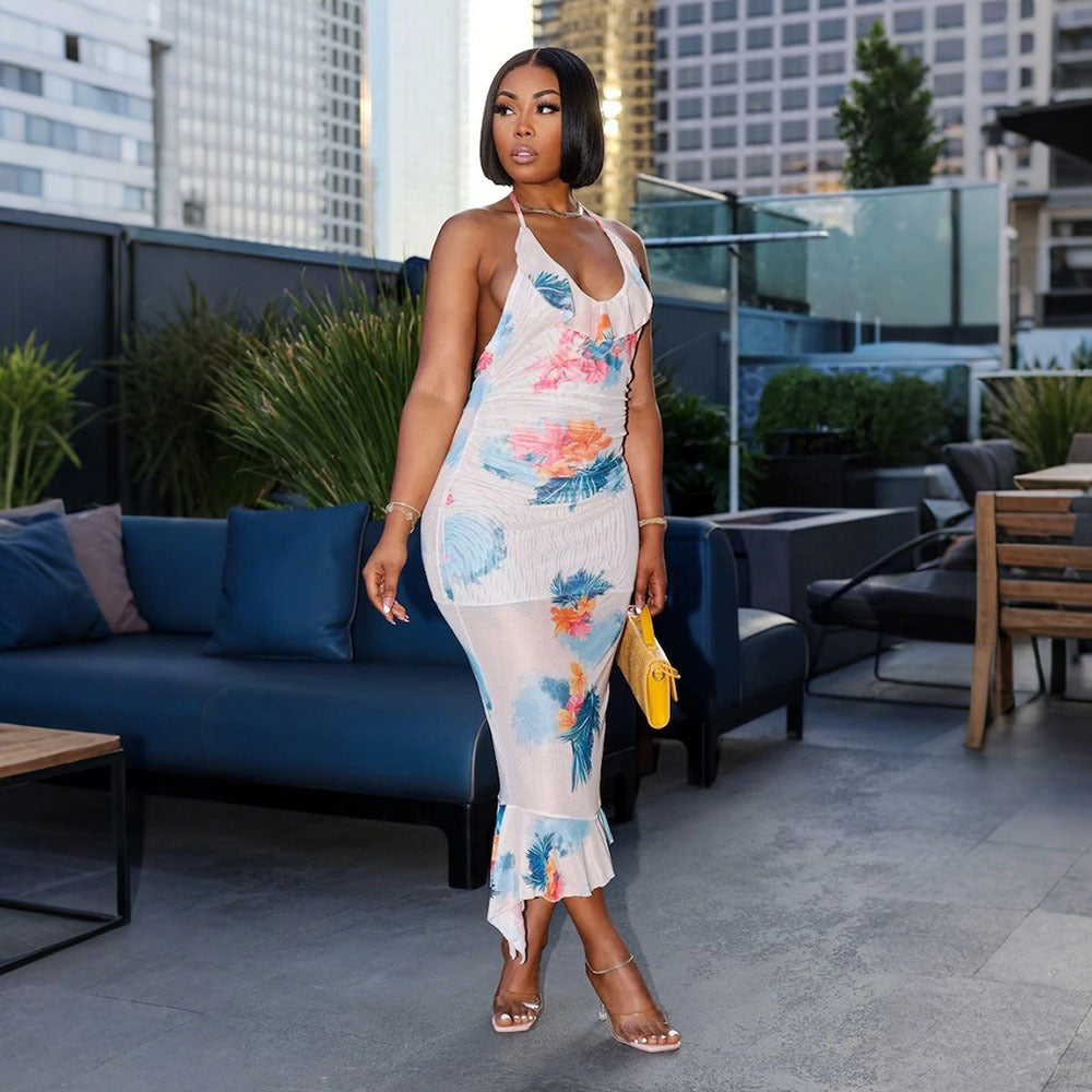 Sexy Backless Lace Printing Dress Sheath Sexy Maxi Dress Irregular Asymmetric Lotus Floral Swing by Ragazza