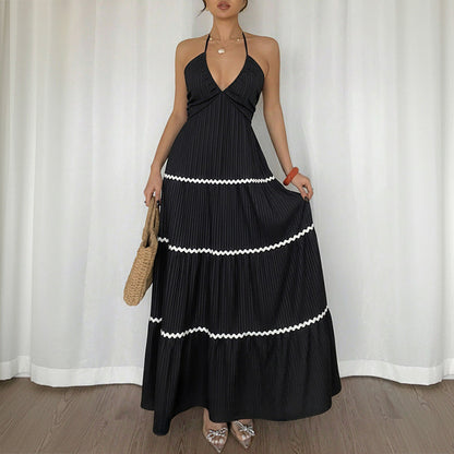 Halter Dress Summer Patchwork Lace Texture Strap Dress Women by Ragazza