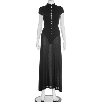 Women Clothing Autumn Winter Retro Short Sleeve Beads Decorative Hollow Out Cutout Turtleneck Dress by Ragazza