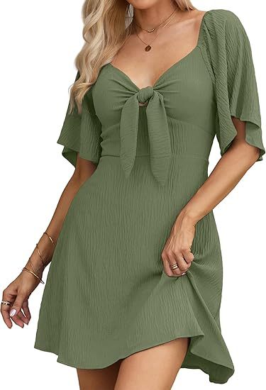 Women Clothing Shein V Neck Bow Lace Up Short Sleeve Mini Dress by Ragazza