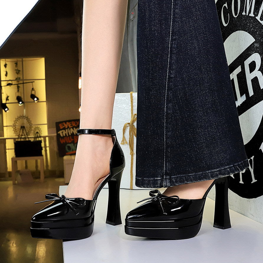 Sexy Double Layer Waterproof Platform Super High Heel Buckle Bow Patent Leather Pointed Toe Hollowed  DestGlow