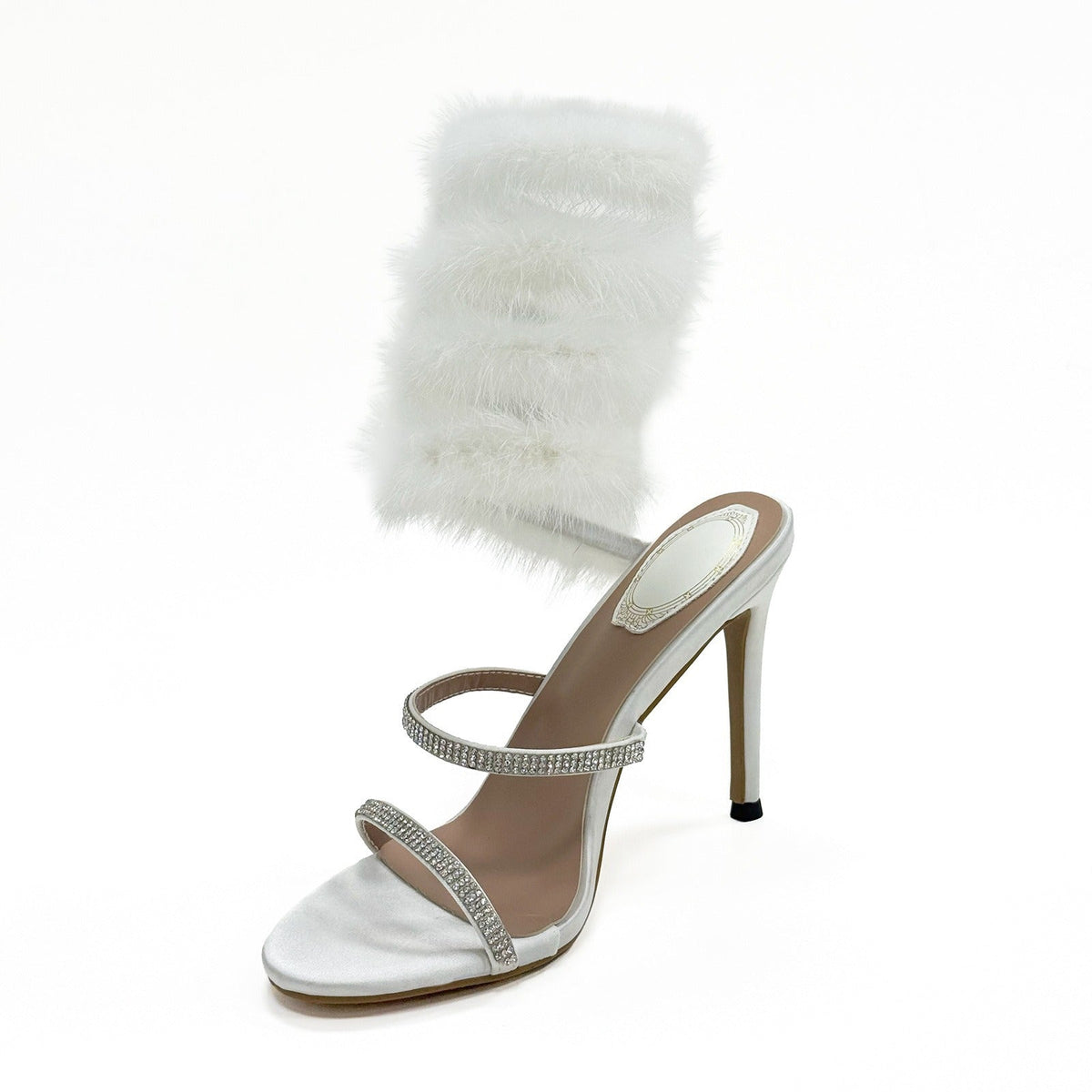 Black White 10cm Stiletto Heel Small round Toe Furry Winding High Heel Sandals Summer Heels  DestGlow
