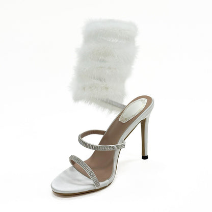 Black White 10cm Stiletto Heel Small round Toe Furry Winding High Heel Sandals Summer Heels  DestGlow