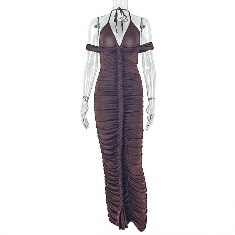 Women Wear Step Solid Color Hip Dress V neck Halter Wrapped Chest Maxi Dress by Ragazza