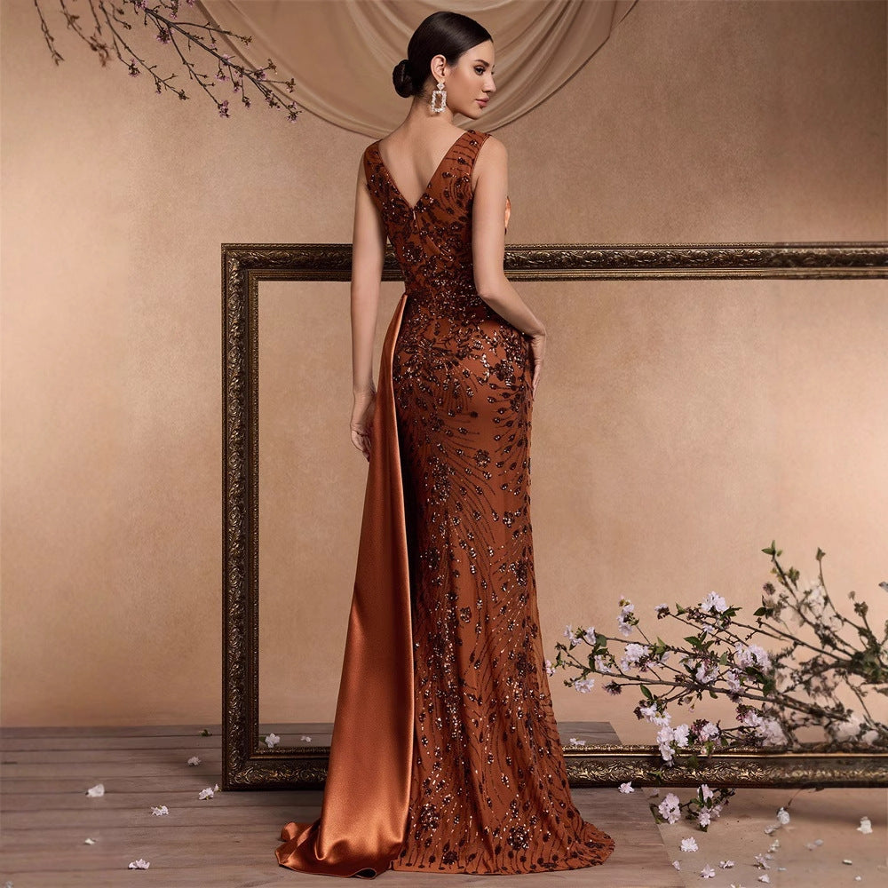 Elegant Sequin Stitching Fit V neck Sleeveless Elegant Gorgeous Noble Cocktail Party Formal Dinner Dress by Ragazza