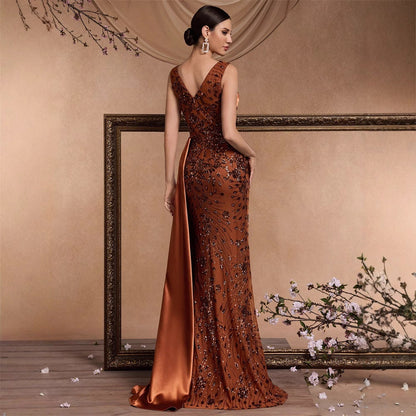 Elegant Sequin Stitching Fit V neck Sleeveless Elegant Gorgeous Noble Cocktail Party Formal Dinner Dress by Ragazza