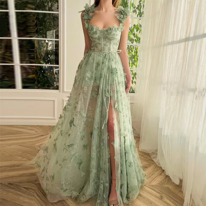 Women Wedding Dress Tulle Spaghetti Straps Sleeveless High Slit Bridal Party Beach Dress by Ragazza