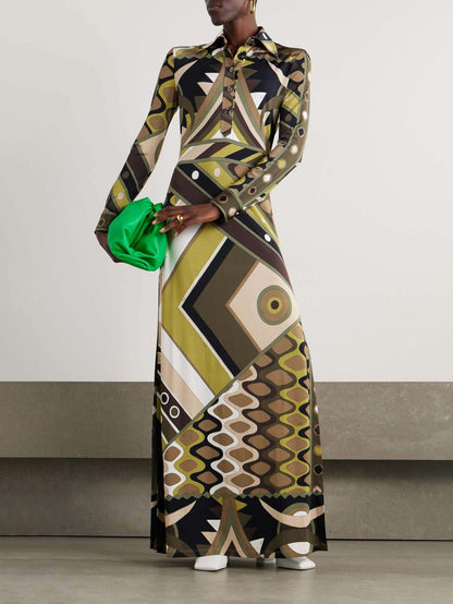Autumn Winter Printing Positioning Collared Long Sleeve Split Dress Women by Ragazza