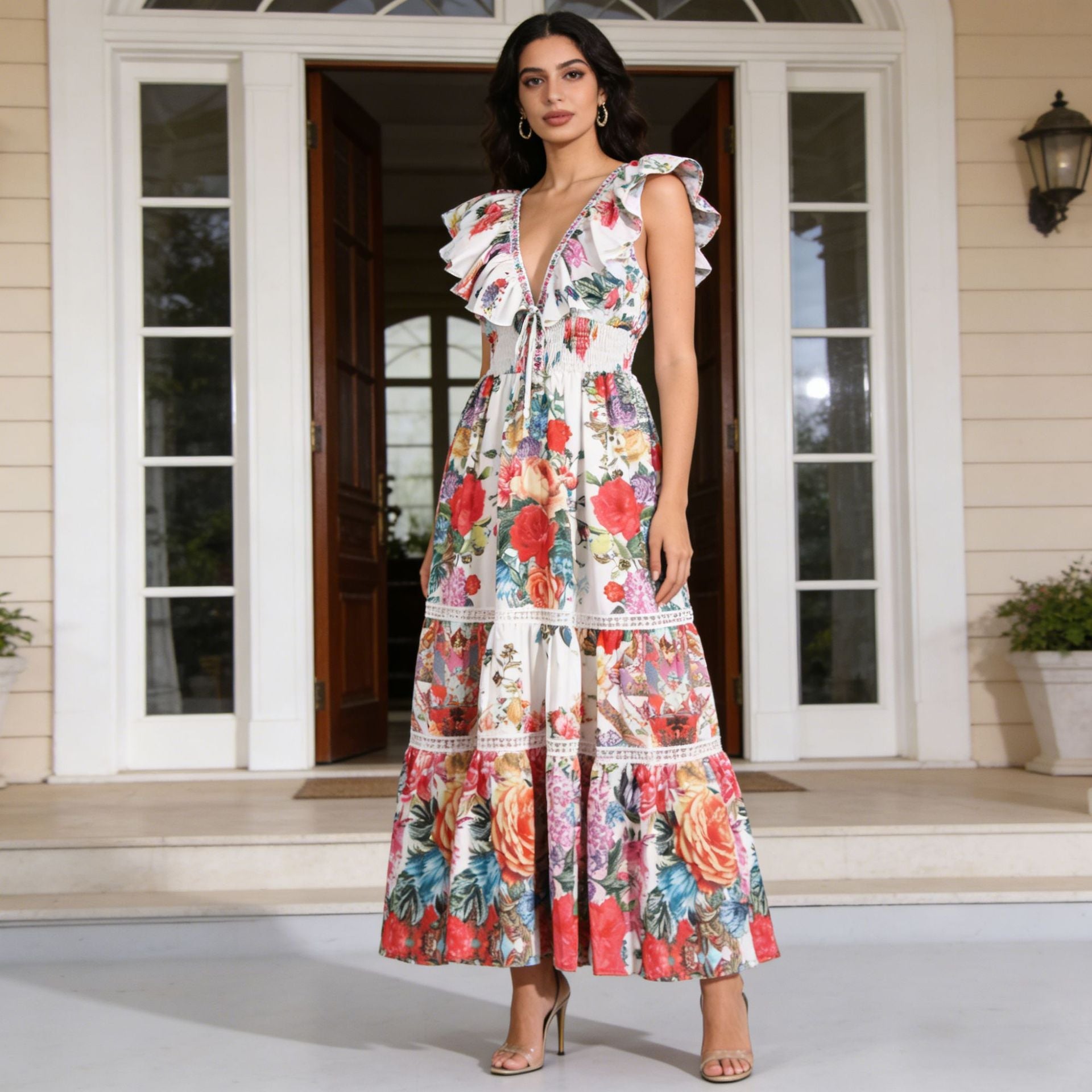 Spring Deep V Plunge neck Ruffled Sleeve Maxi Dress Ruffled Stitching Printing Design Waist Slimming Dress for Women by Ragazza