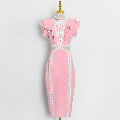 Elegant Women Hip Sexy Solid Color Ruffles Stitching Scheming Hollow Out Cutout out Maxi Dress by Ragazza
