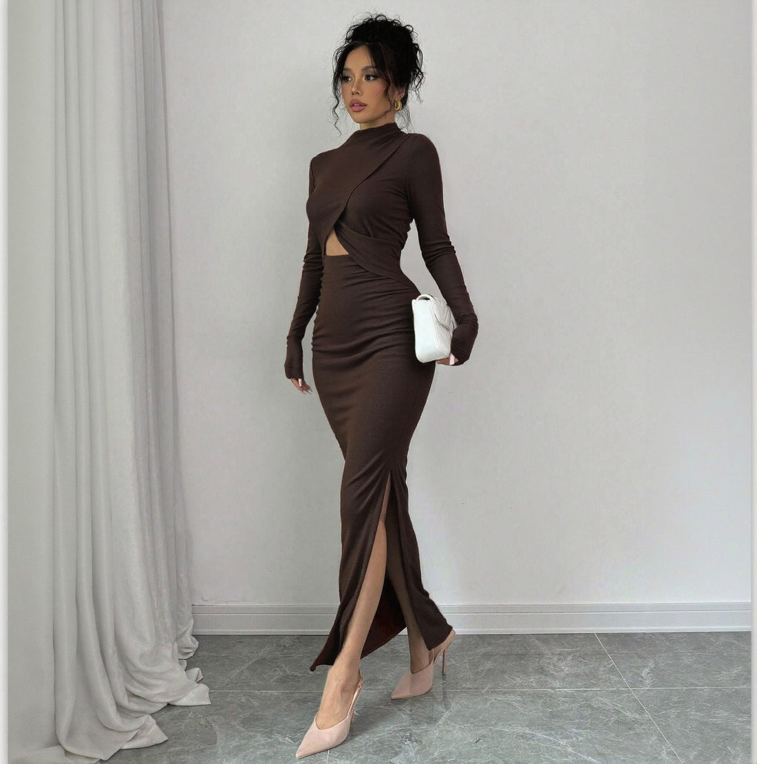 Autumn Winter Sexy Slit Slim Fitting Cropped Outfit Long Sleeve Mid Length Long Sleeve Dress by Ragazza
