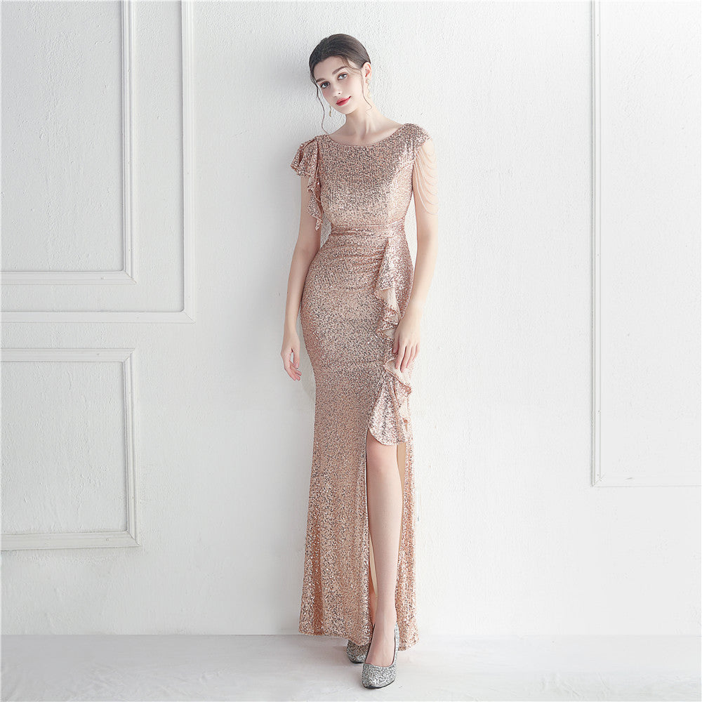 Ruffled Craft Beaded Socialite Ceremony Dinner Performance Long Sequ Dress by Ragazza