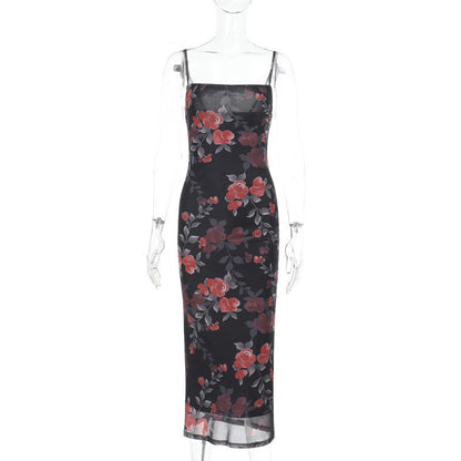 Spring Maxi Dress Socialite Elegant Sexy Slim Straps Tulle Printed Dress  DestGlow