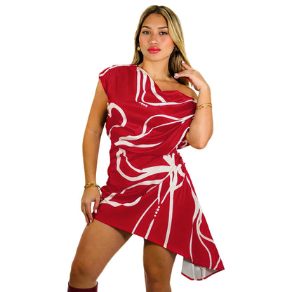 Women Wear Stripe Printed Short Dress Sloping Shoulder Dress by Ragazza