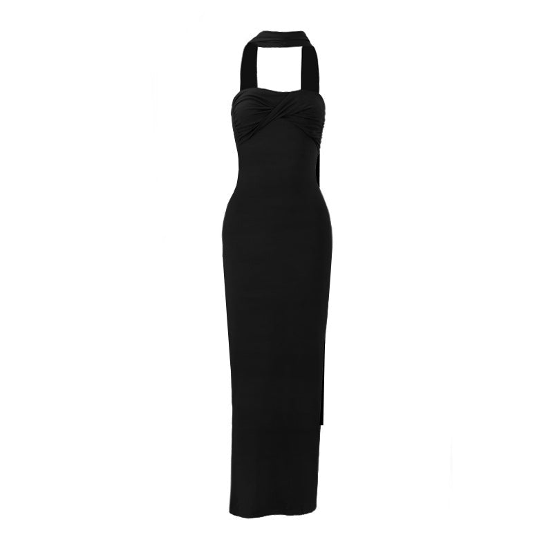Women Summer Halter Ribbon Twist Woven Wrapped Chest Backless Slim Fit Niche Maxi Dress  DestGlow
