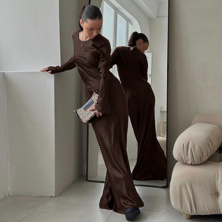 Satin Round Neck Long Sleeved Dress Women Clothing Autumn Elegant Sheath Dress by Ragazza