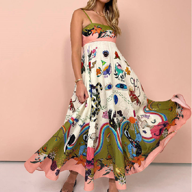Sexy Women Clothing Cotton Linen Sleeveless Graffiti Printing Sleeveless Swing Dress Amplified craft by Ragazza