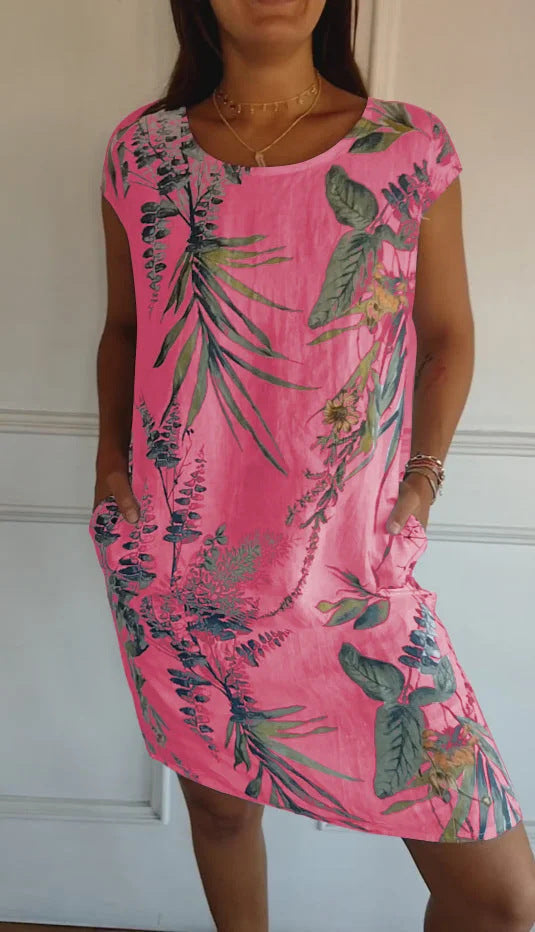Women Clothing Summer Cotton Linen round Neck Printed with Pocket by Ragazza