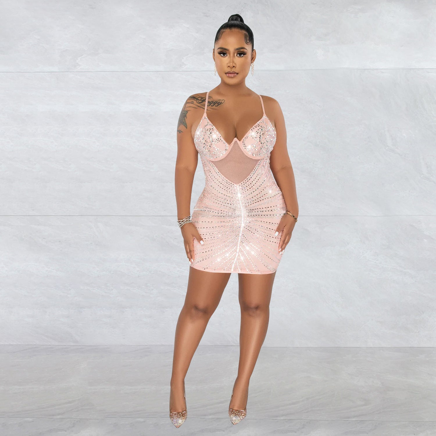 Women Wear Rhinestone Mesh Camisole Sleeveless Dress by Ragazza