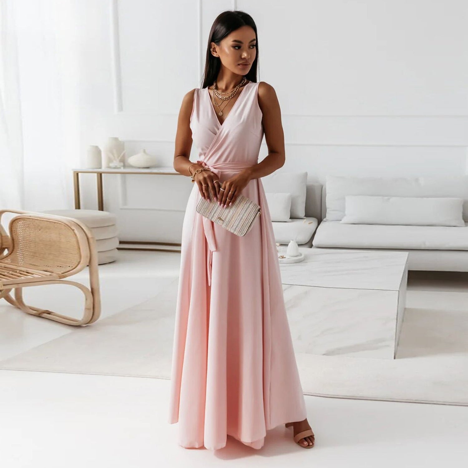 Women Clothing Tied V Neck Evening Party Maxi Dress Women by Ragazza