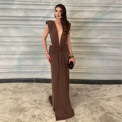 Sexy Brown Twisted Pleated Sleeveless Deep V Plunge Women Clothing Hip Dress by Ragazza