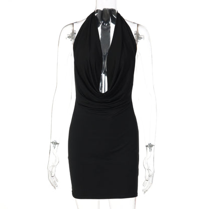 Women Solid Color Halter Deep V Plunge neck Backless Sexy Slim Hip Dress by Ragazza